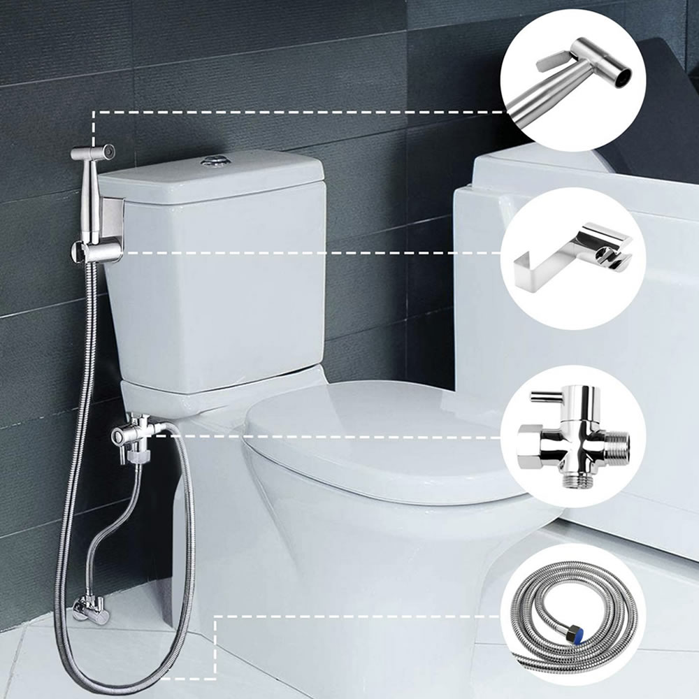 A stainless steel hand held bidet sprayer on its wall bracket