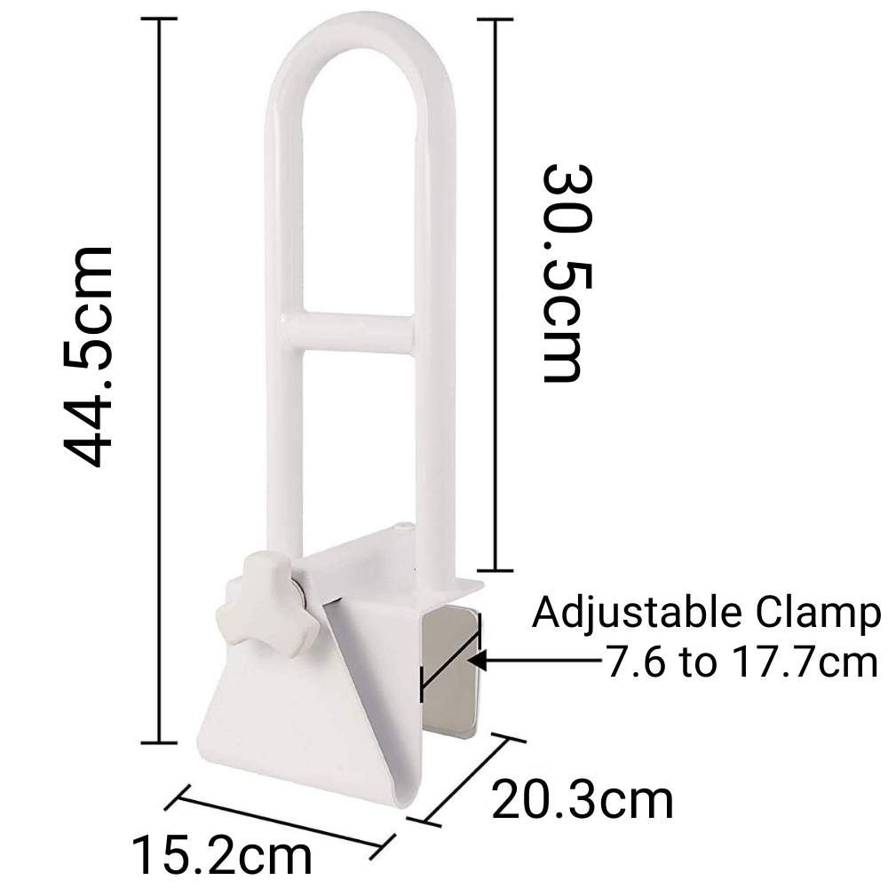 An adjustable steel safety rail clamped to the side of a bath